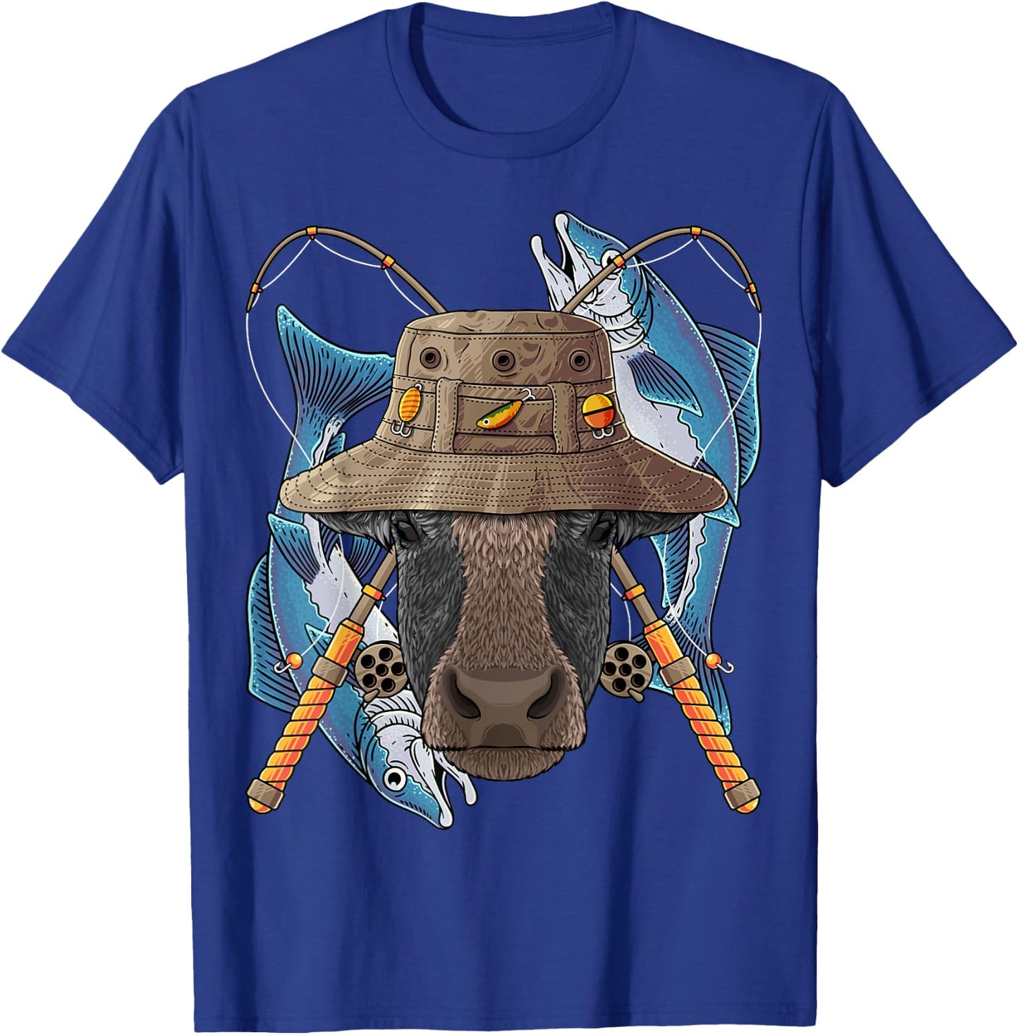 Fishing Cow Outdoor Fisherman Farm Animal Cute Fly Fishing T-Shirt - T-Shirt | Royal