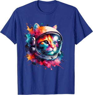 Funny Cat Astronaut Outer Space Watercolor Splash Cat Lover T-Shirt - T-Shirt | Royal