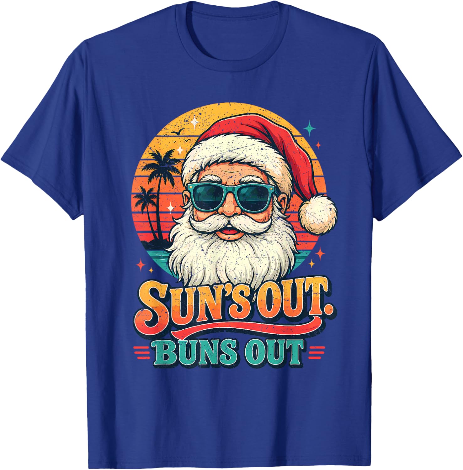 Christmas in July Suns Out Buns Out Vintage Beach Santa T-Shirt - T-Shirt | Royal