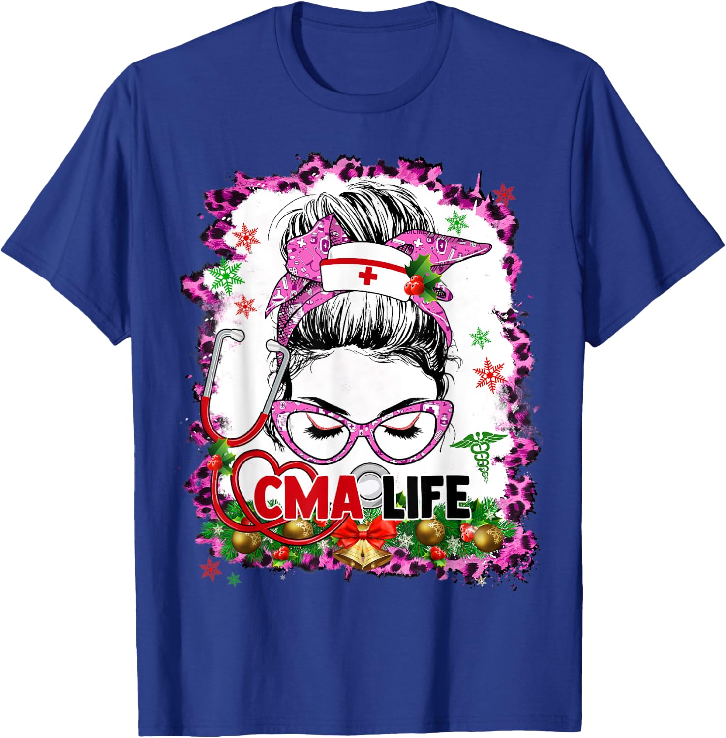 Messy Bun Mom CMA Life Funny Nursing Christmas Pajamas T-Shirt - T-Shirt | Royal