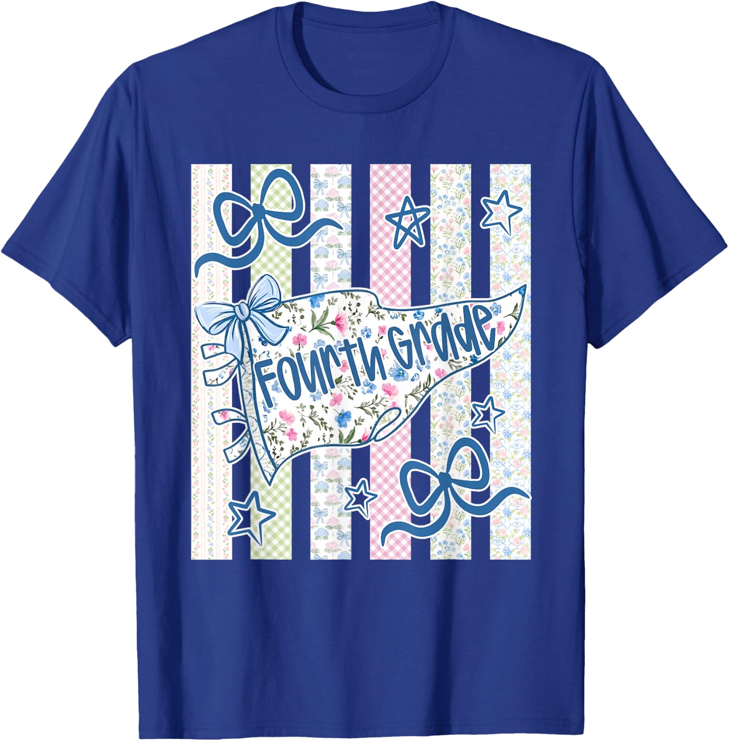 Striped Preppy Fourth Grade Back to School Teacher Girl Kids T-Shirt - T-Shirt | Royal