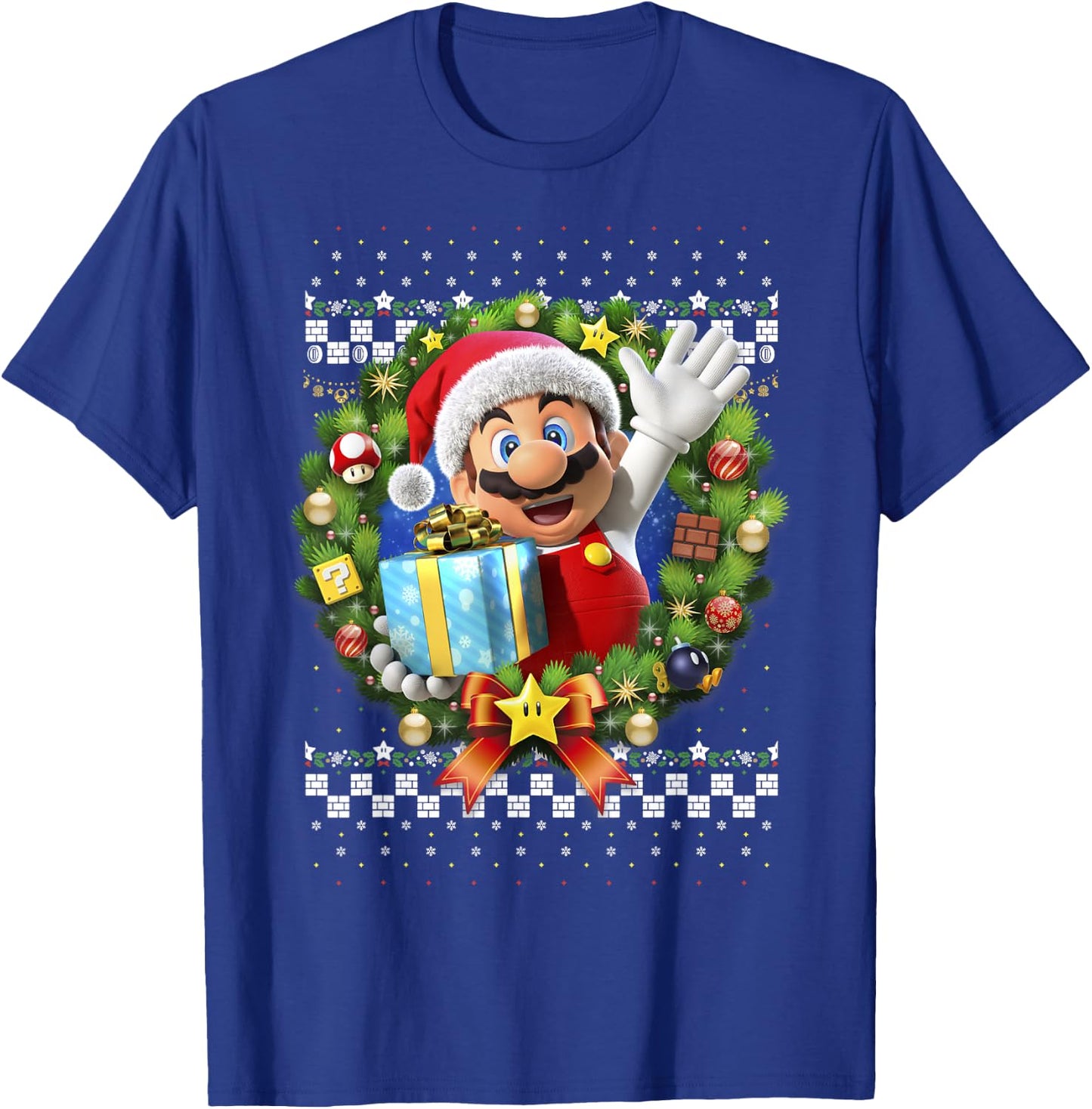 Super Mario Christmas Ugly Sweater Mario Present T-Shirt - T-Shirt | Royal
