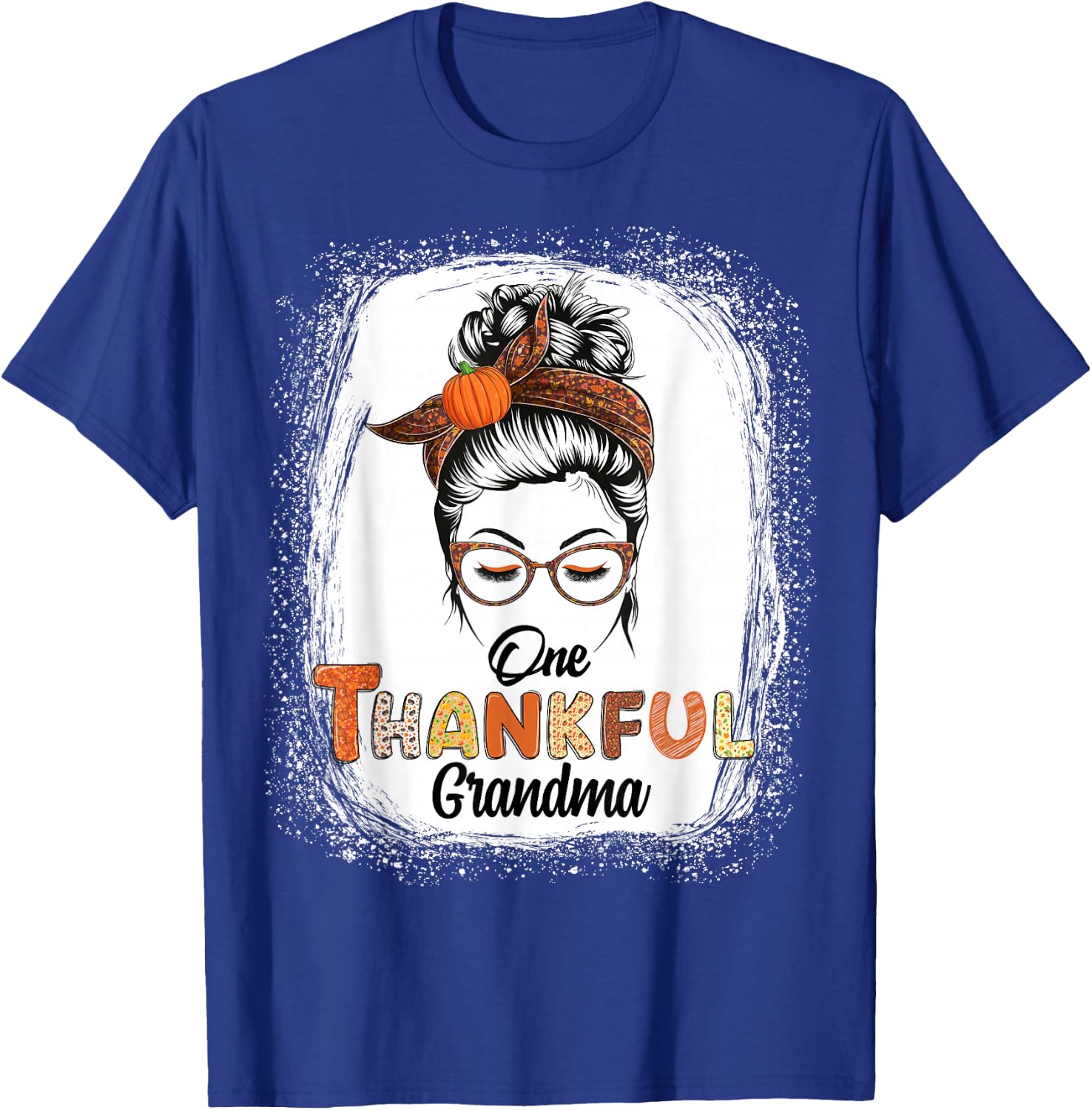 One Thankful Grandma Messy Bun Fall Thanksgiving Bleached T-Shirt - T-Shirt | Royal