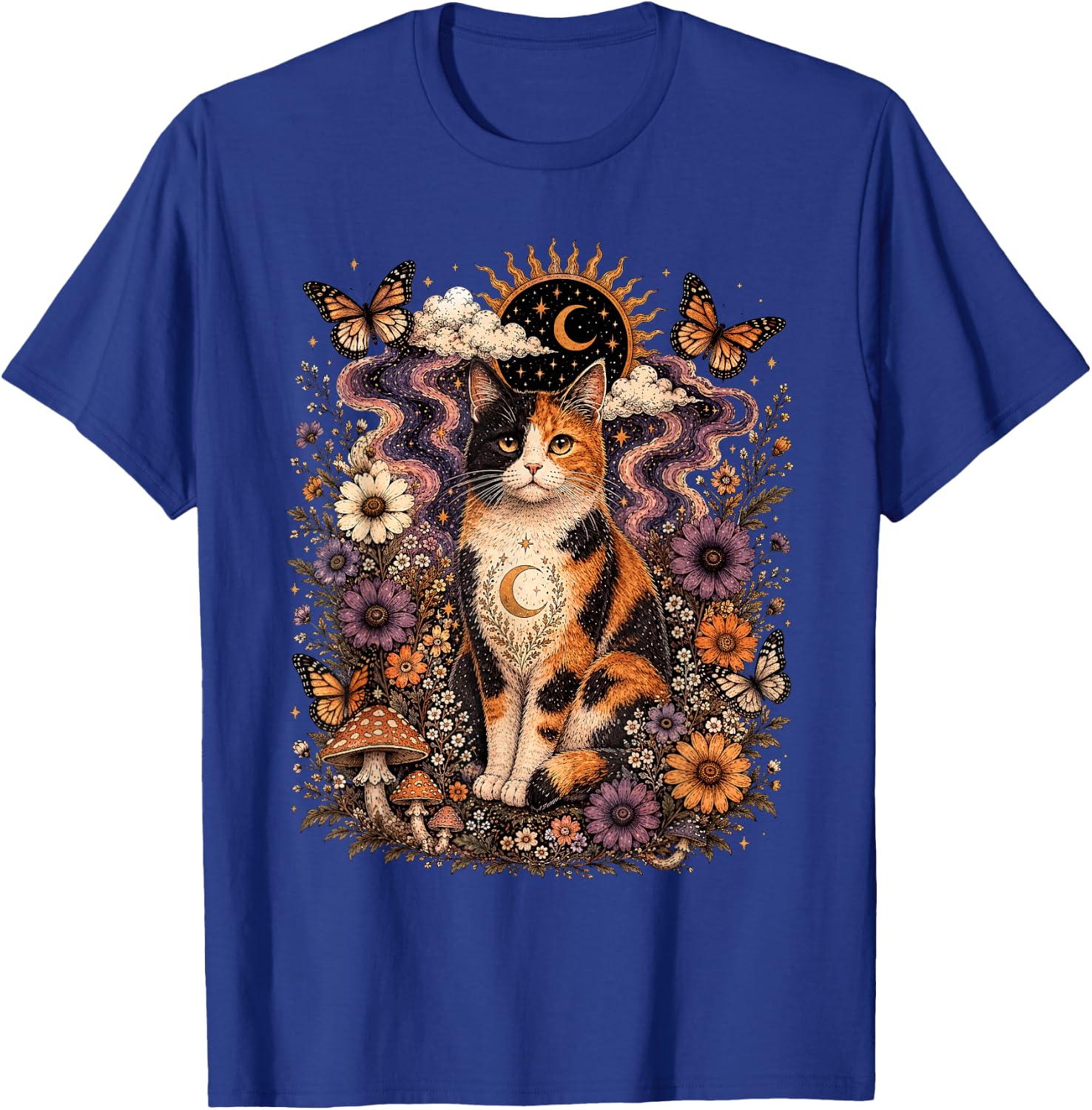 Calico Cat Floral Mushrooms Butterflies Sun Moon Mystical T-Shirt - T-Shirt | Royal