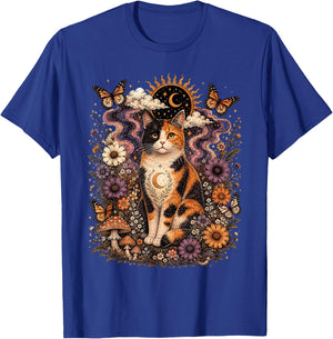 Calico Cat Floral Mushrooms Butterflies Sun Moon Mystical T-Shirt - T-Shirt | Royal