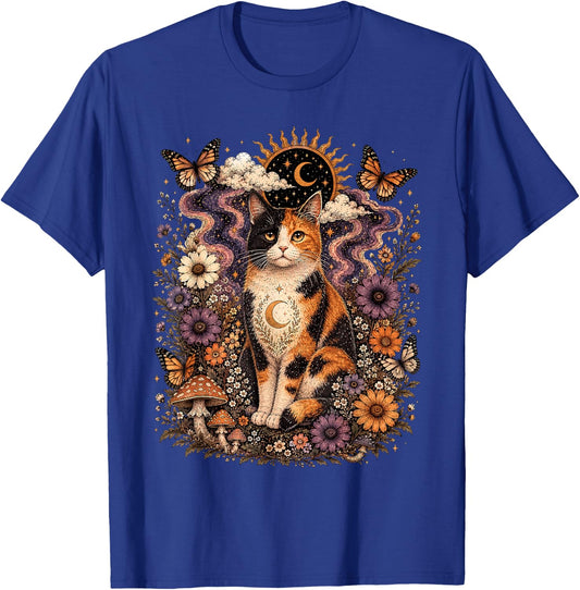 Calico Cat Floral Mushrooms Butterflies Sun Moon Mystical T-Shirt - T-Shirt | Royal