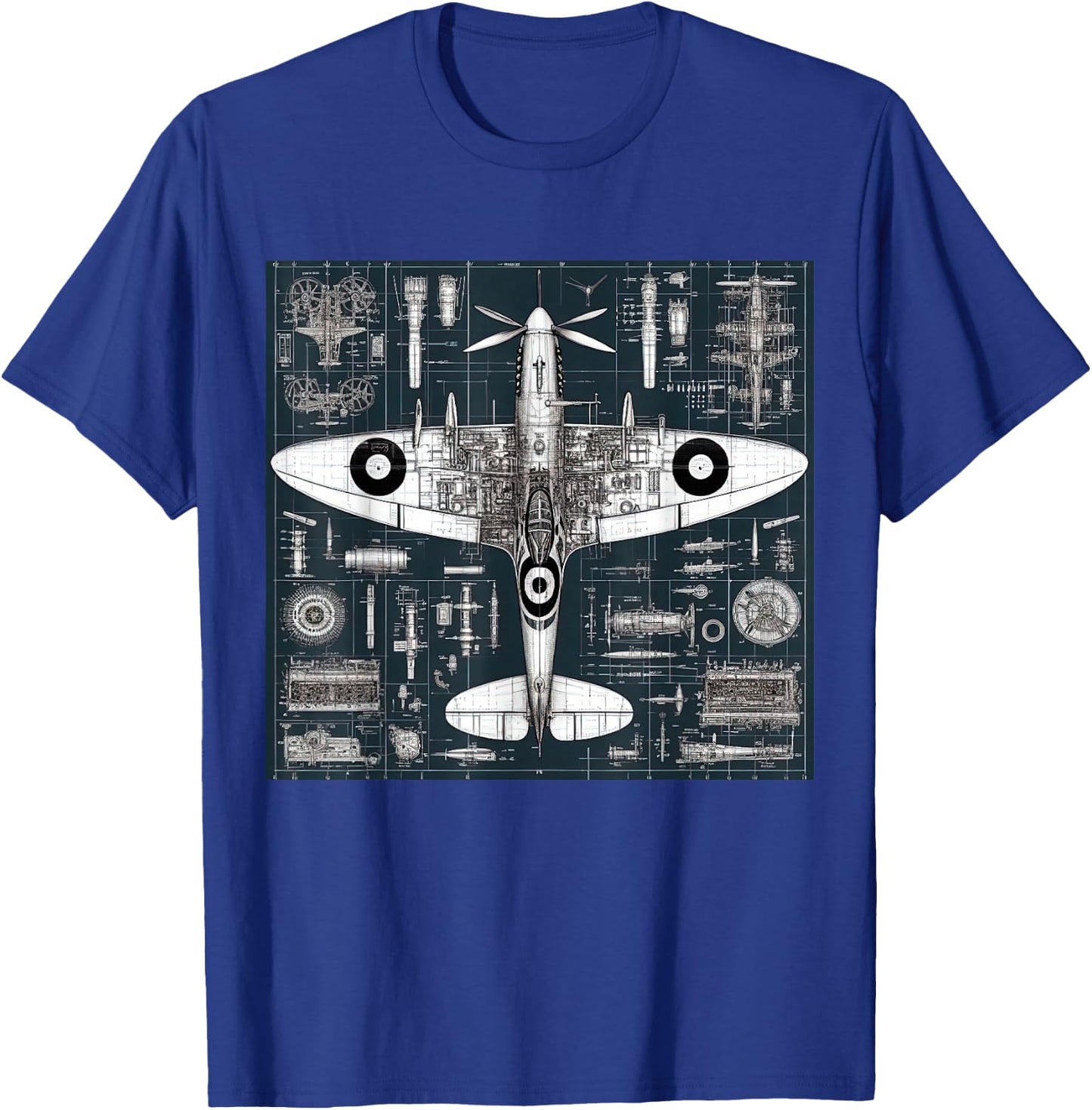 WW2 Warplane Spitfire Anatomy Assembly Parts Blueprint T-Shirt - T-Shirt | Royal