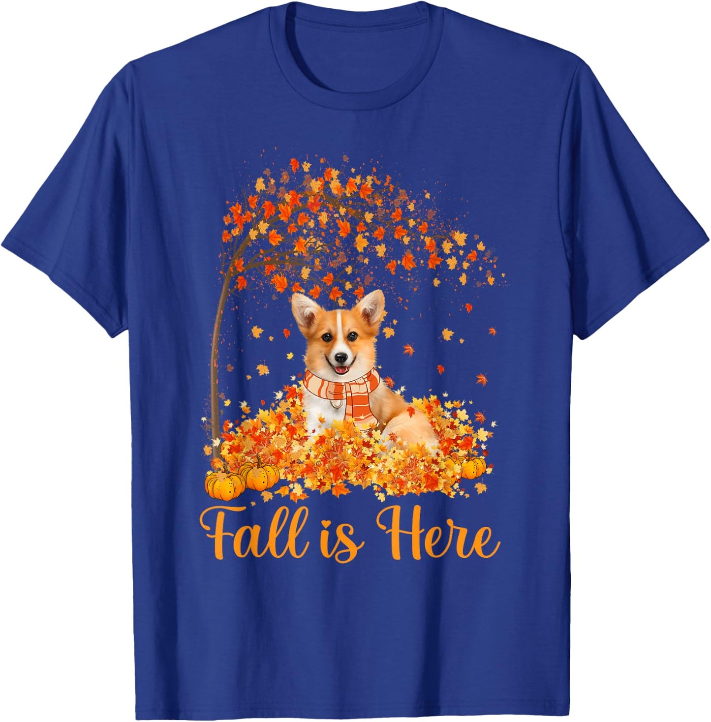 Fall Is Here Corgi Jumping On Autumn Leaf Pumpkin Dog Lovers T-Shirt - T-Shirt | Royal