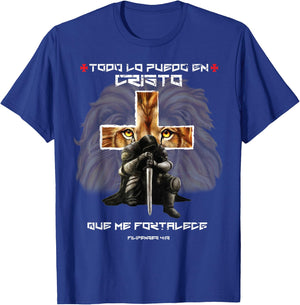 Español Spanish Christian Gifts Cross Lion Filipenses 4:13 T-Shirt - T-Shirt | Royal