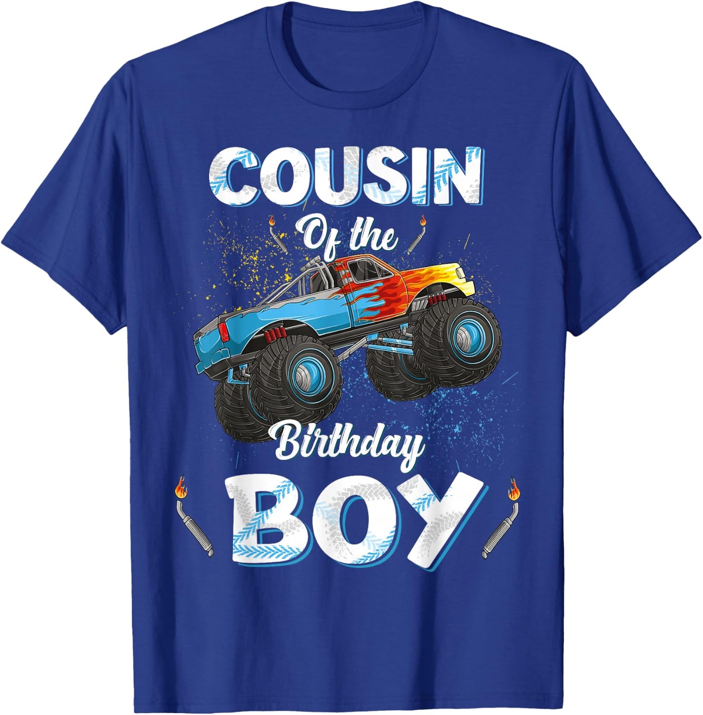 Cousin Of The Birthday Boy Monster Truck Bday Women Men Kids T-Shirt - T-Shirt | Royal