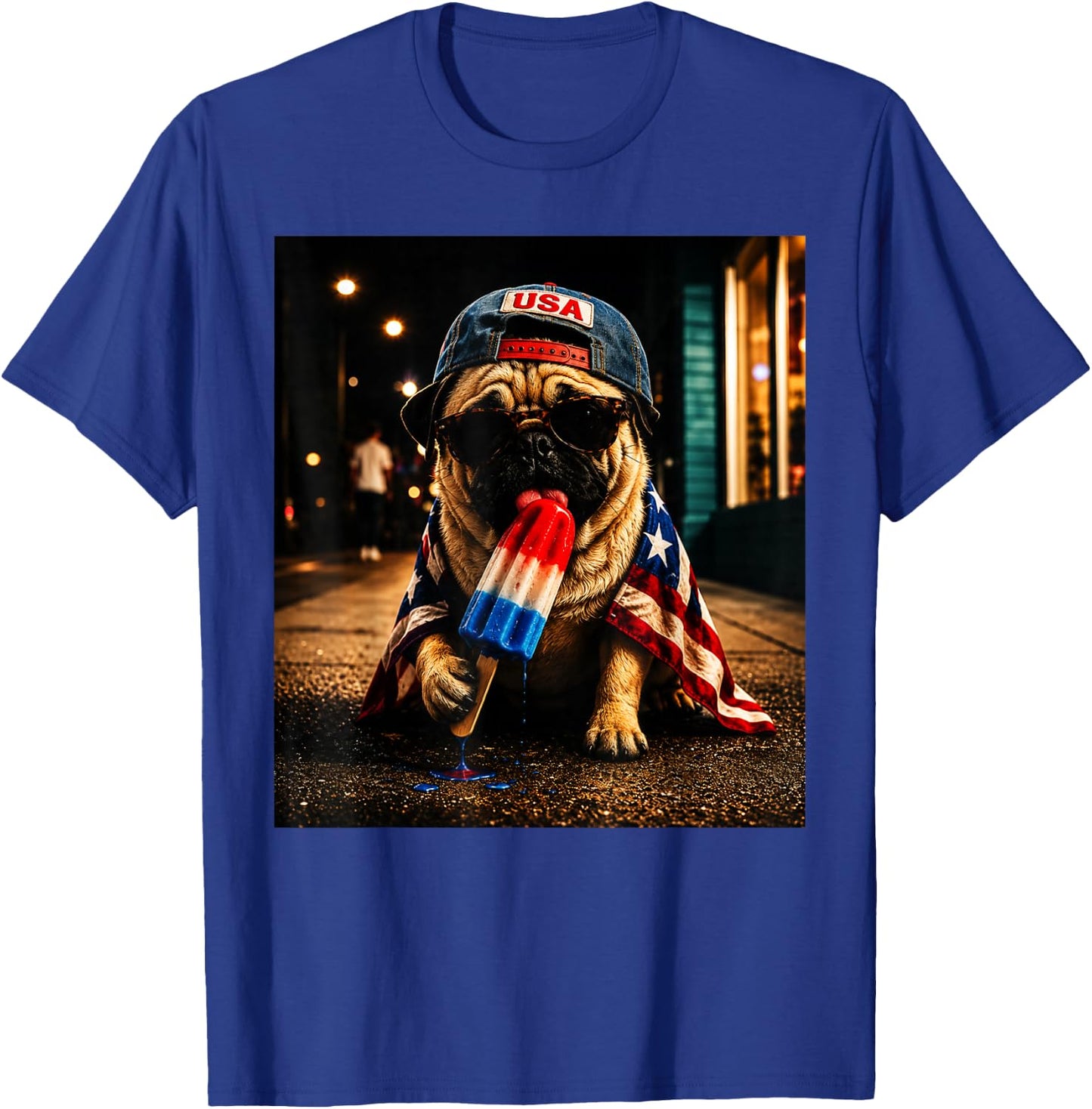 Patriotic Pug Dog with American Flag and Popsicle Art T-Shirt - T-Shirt | Royal