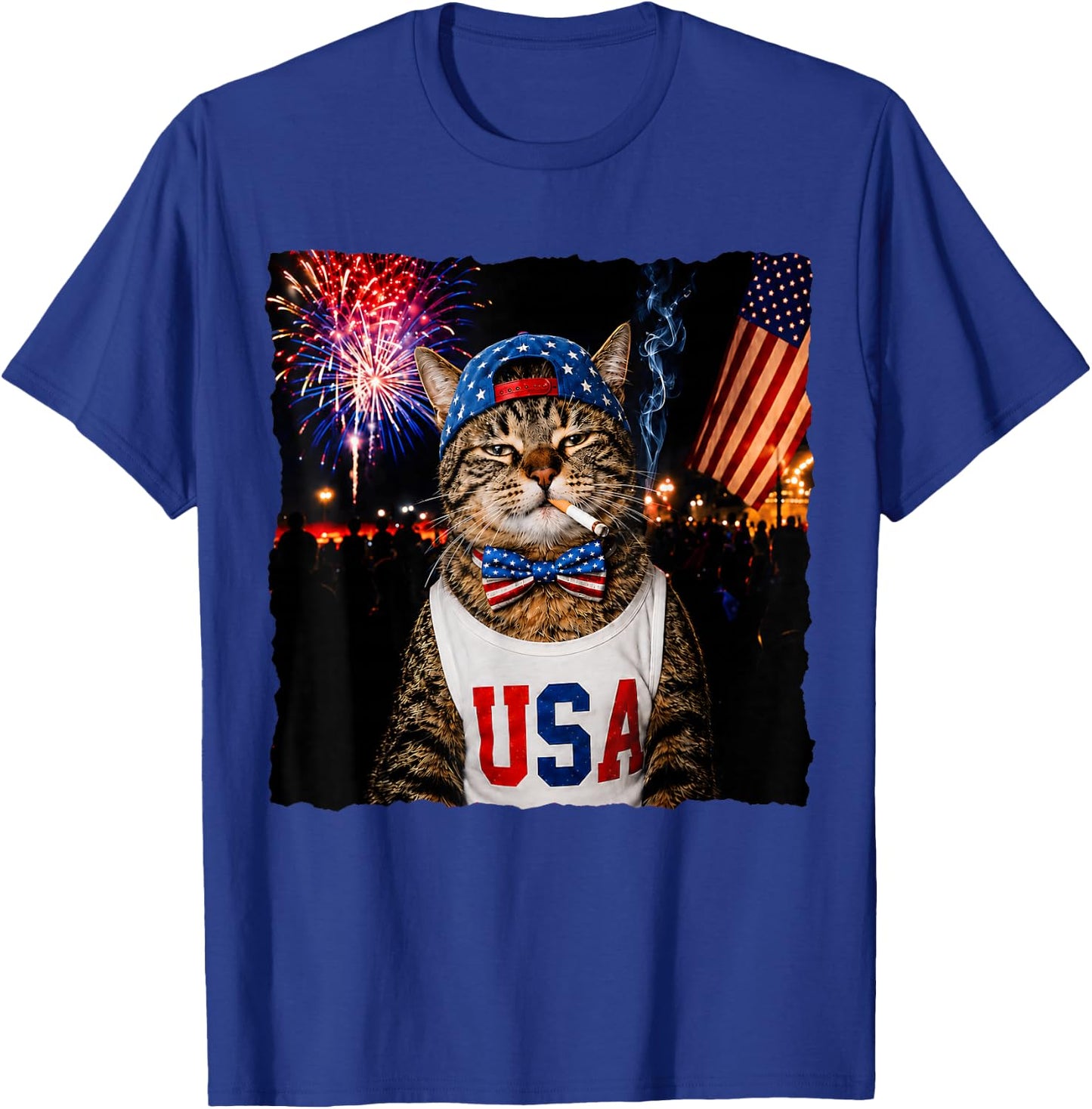 Patriotic Smoking Cat Funny 4th of July USA Flag Cat Lover T-Shirt - T-Shirt | Royal