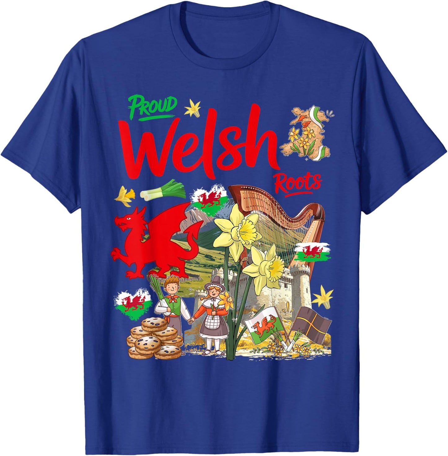 Welsh Roots Idea for Kids Wales Culture Theme with Daffodils T-Shirt - T-Shirt | Royal