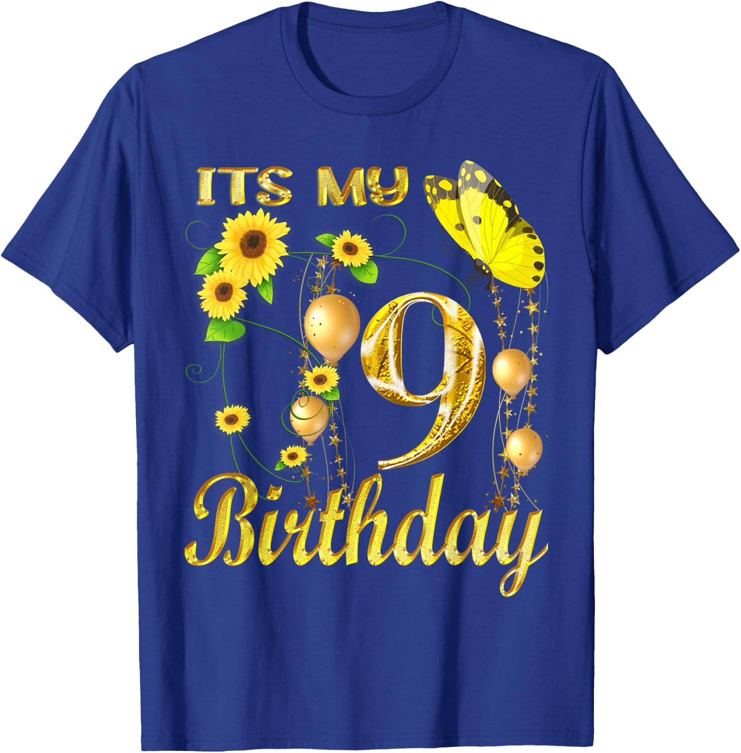 Its My 9th Birthday 9 Year Old Girl Sunflower Butterfly T-Shirt - T-Shirt | Royal