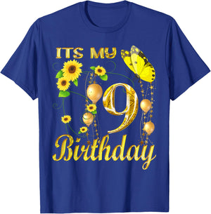 Its My 9th Birthday 9 Year Old Girl Sunflower Butterfly T-Shirt - T-Shirt | Royal