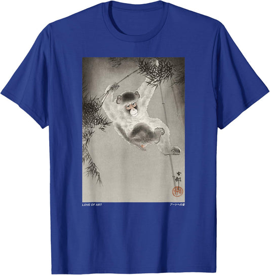 Vintage Japanese Monkey hanging from bamboo Aesthetic Art T-Shirt - T-Shirt | Royal