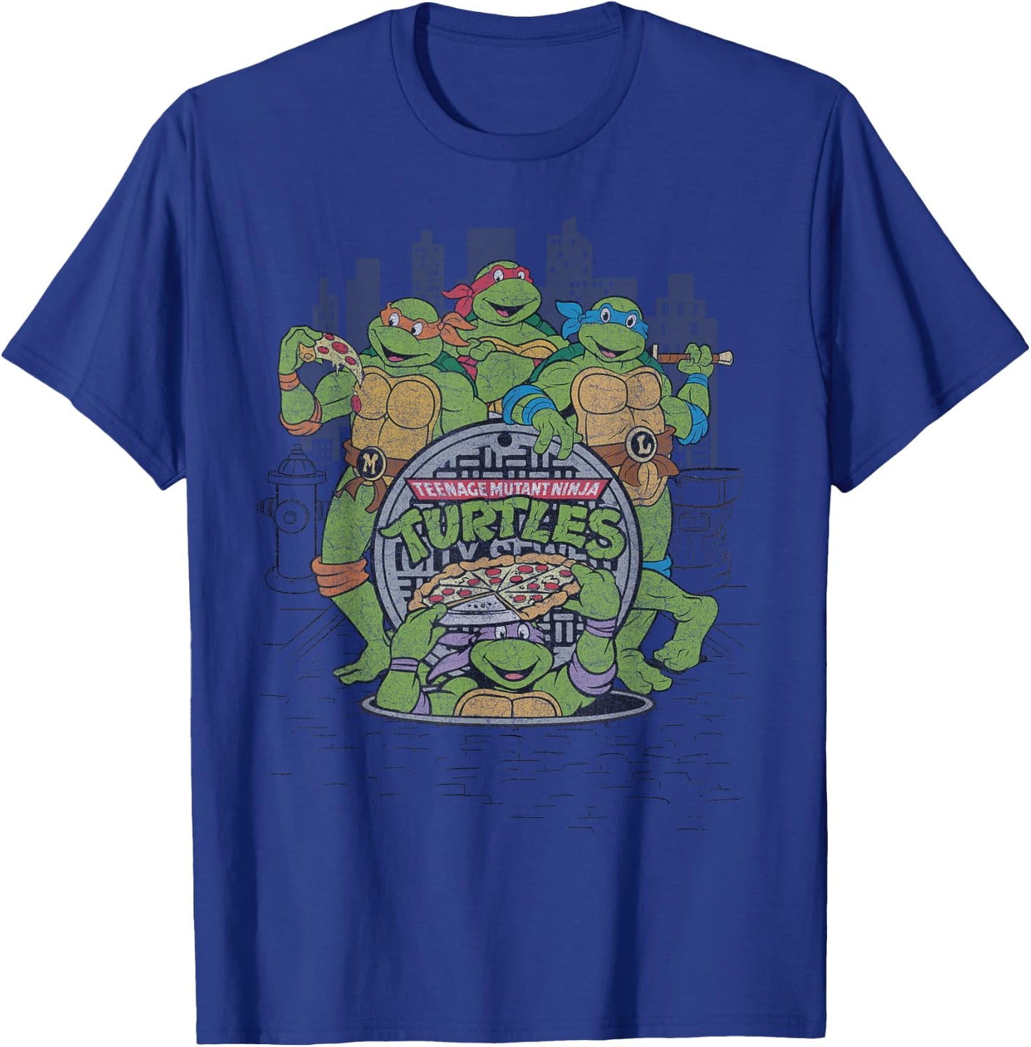 Retro TMNT Group with Pizza in City T-Shirt - T-Shirt | Royal