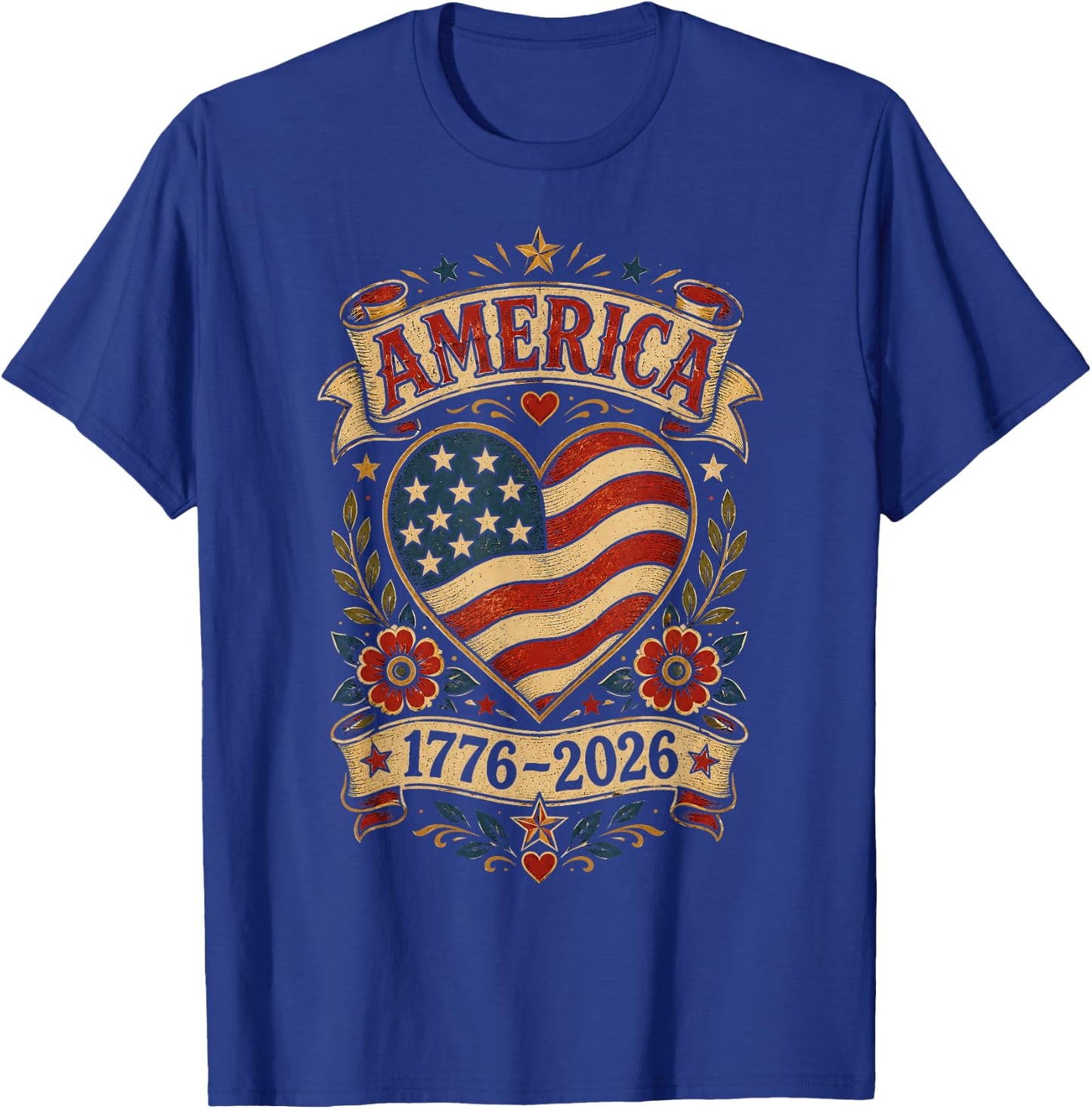Vintage America Flag Heart 1776 2026 4th of July 250 Years T-Shirt - T-Shirt | Royal