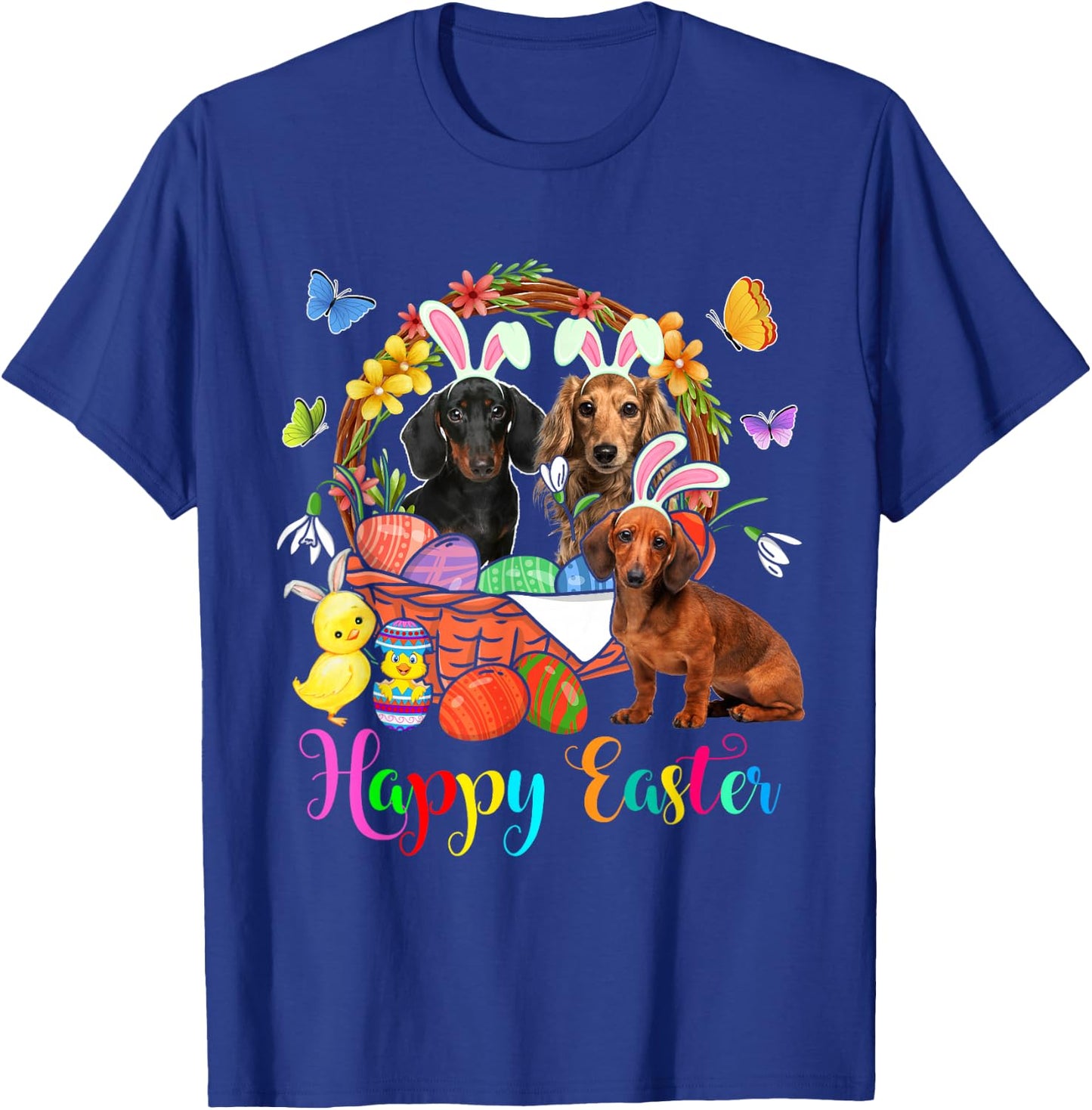 Three Bunny Dachshund Dogs In Easter Eggs Basket T-Shirt - T-Shirt | Royal