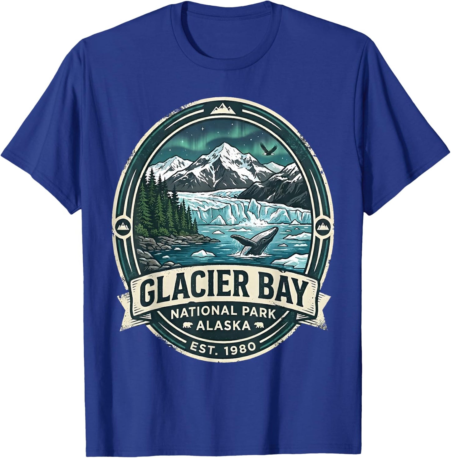 Glacier Bay National Park Alaska Vintage Whale & Mountains T-Shirt - T-Shirt | Royal