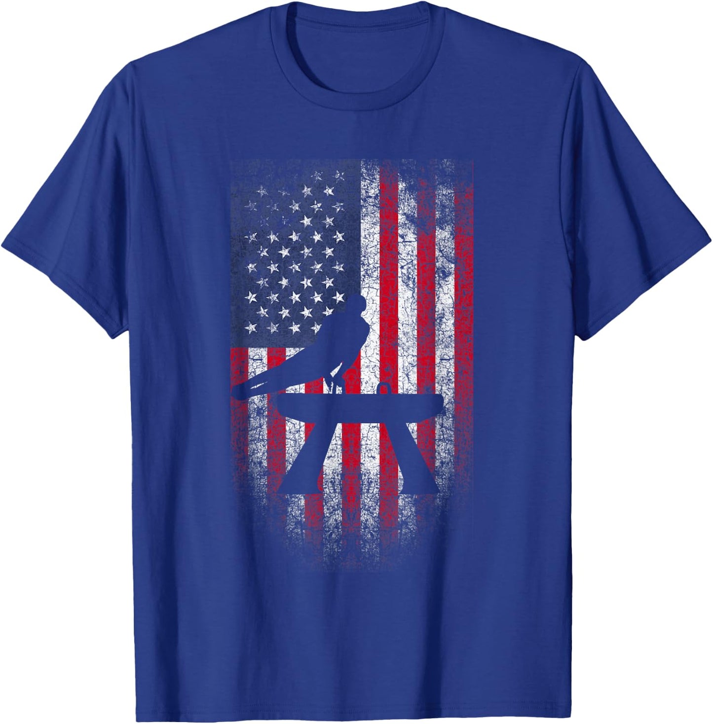 Gymnastics Pommel Horse USA American Flag Vintage Sports Women Kids Men T-Shirt - T-Shirt | Royal