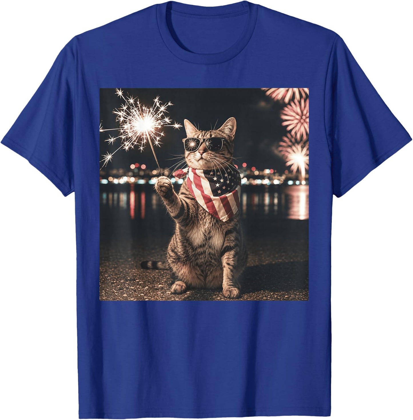 Patriotic Cat American Flag Fireworks 4th of July T-Shirt - T-Shirt | Royal