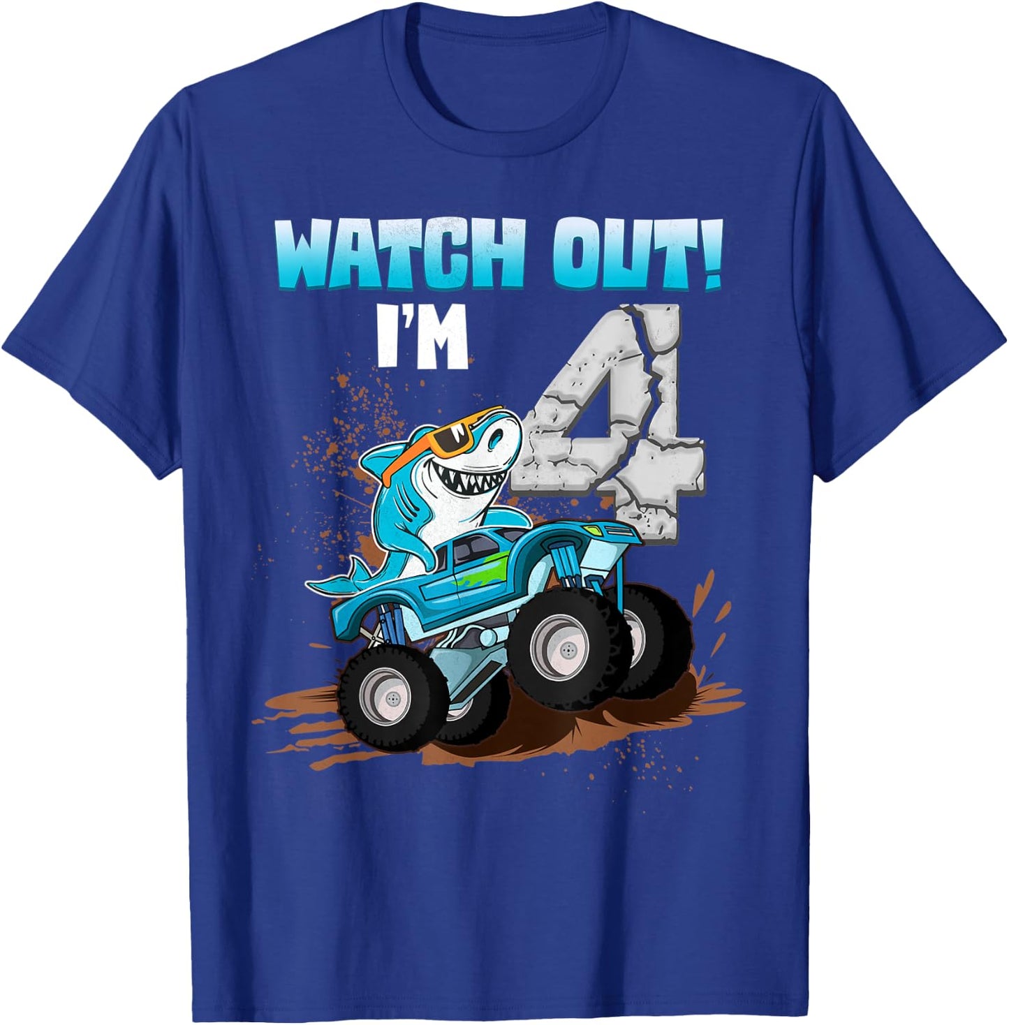 4 Years Old 4th Birthday Shark Boy Girl Monster Truck Gamer T-Shirt - T-Shirt | Royal