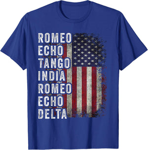 Got Your Six Apparel Inc. Retired Military Phonetic Alphabet Retirement Announcement - -Adults - Black - Short Sleeve - Small - Classic Fit - Cotton, Polyester T-Shirt - T-Shirt | Royal