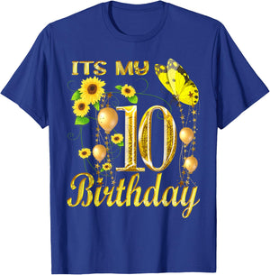 Its My 10th Birthday 10 Year Old Girl Sunflower Butterfly T-Shirt - T-Shirt | Royal