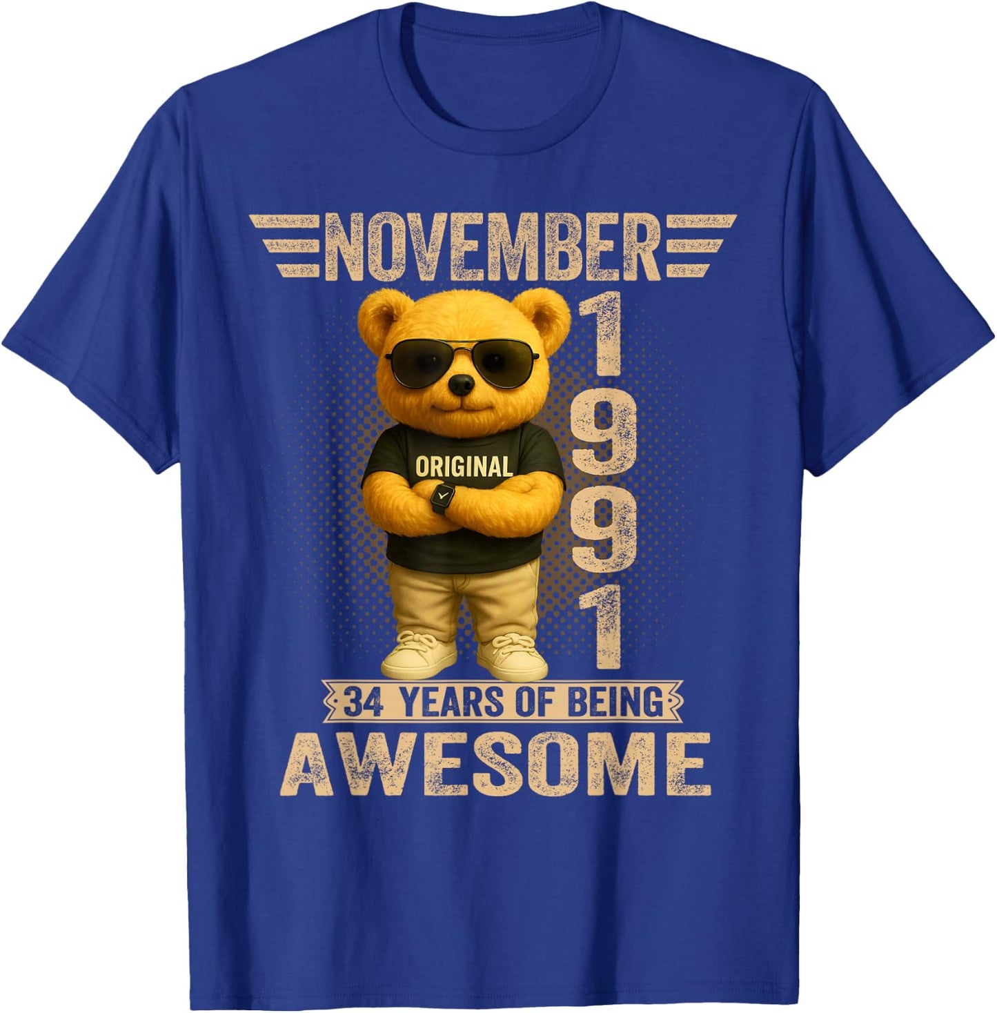 34 Year Old November 1991 Teddy Bear 34th Birthday Men Women T-Shirt - T-Shirt | Royal