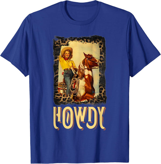 Howdy Vintage Rustic Rodeo Western Southern Cowgirl Portrait T-Shirt - T-Shirt | Royal