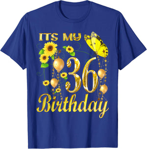 Its My 36th Birthday 36 Year Old Girl Sunflower Butterfly T-Shirt - T-Shirt | Royal