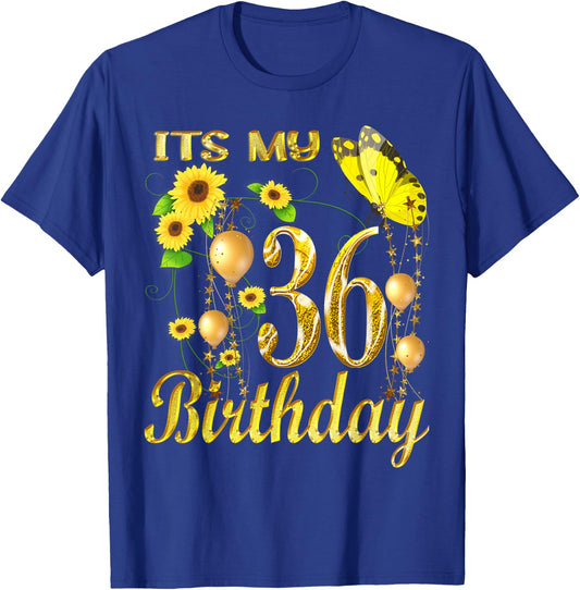 Its My 36th Birthday 36 Year Old Girl Sunflower Butterfly T-Shirt - T-Shirt | Royal