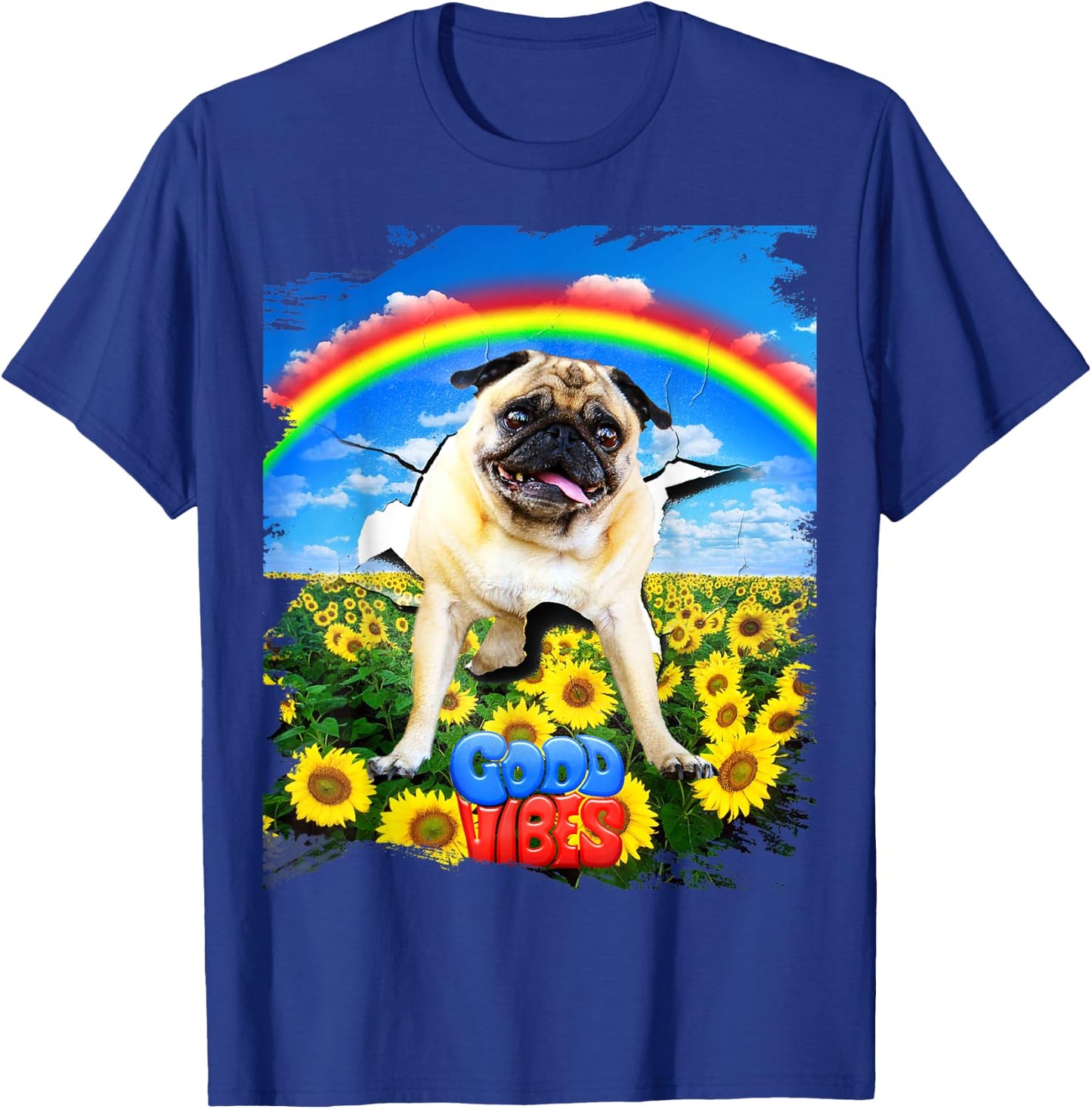 Pug Dog Cracked Wall Good Positive Vibes Rainbow Funny Men Women Kids T-Shirt - T-Shirt | Royal