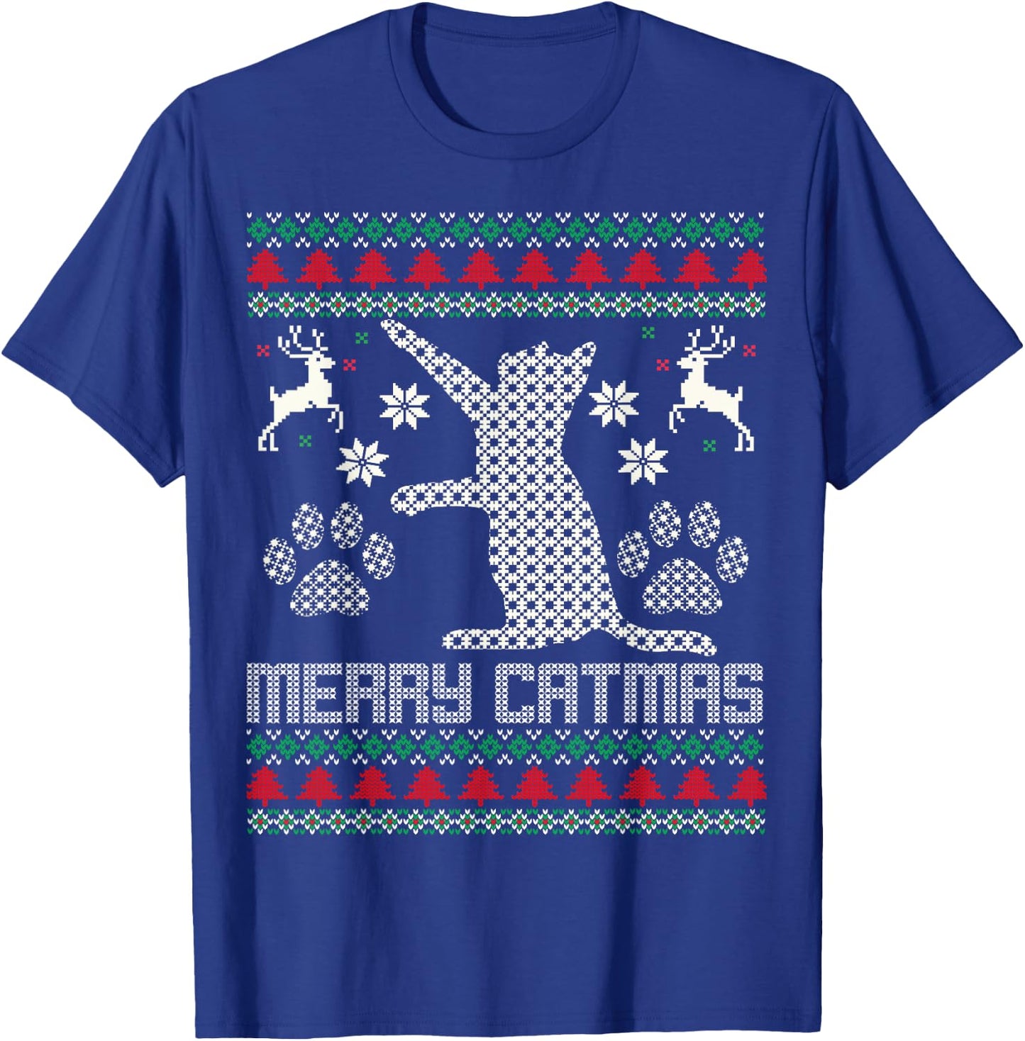Merry Catmas Funny Cat Christmas Ugly Sweater Men Women Kids T-Shirt - T-Shirt | Royal