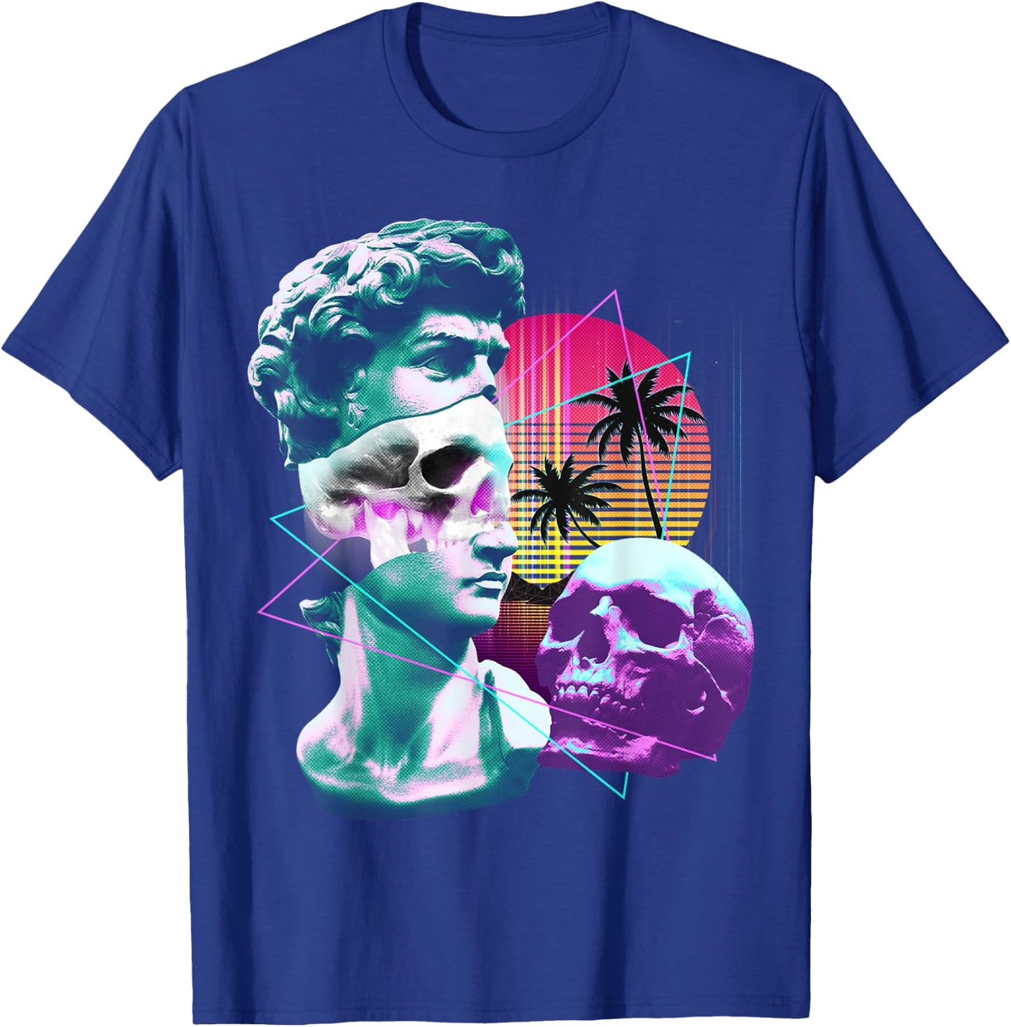 Vaporwave David Bust Statue with Skulls & Palm Tree Art T-Shirt - T-Shirt | Royal