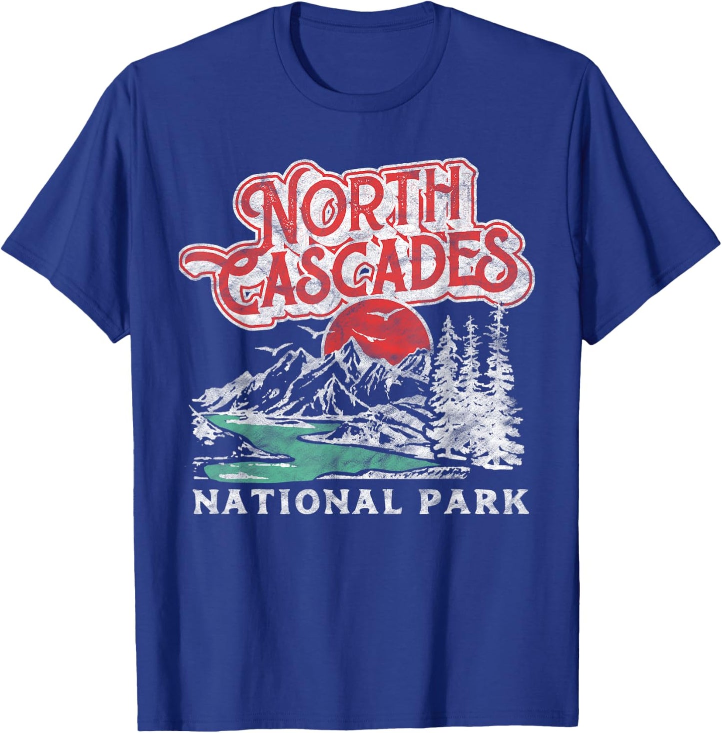 North Cascades National Park Retro 80's Mountains Distressed T-Shirt - T-Shirt | Royal