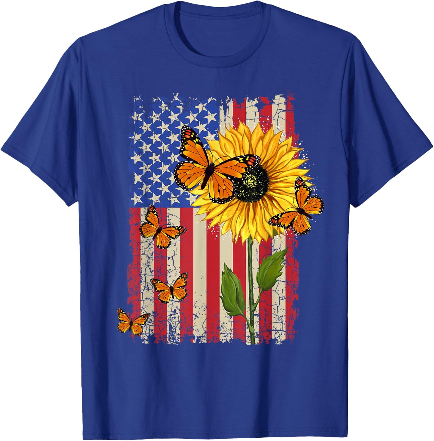 Sunflower Monarch Butterflies Patriotic American Flag T-Shirt - T-Shirt | Royal