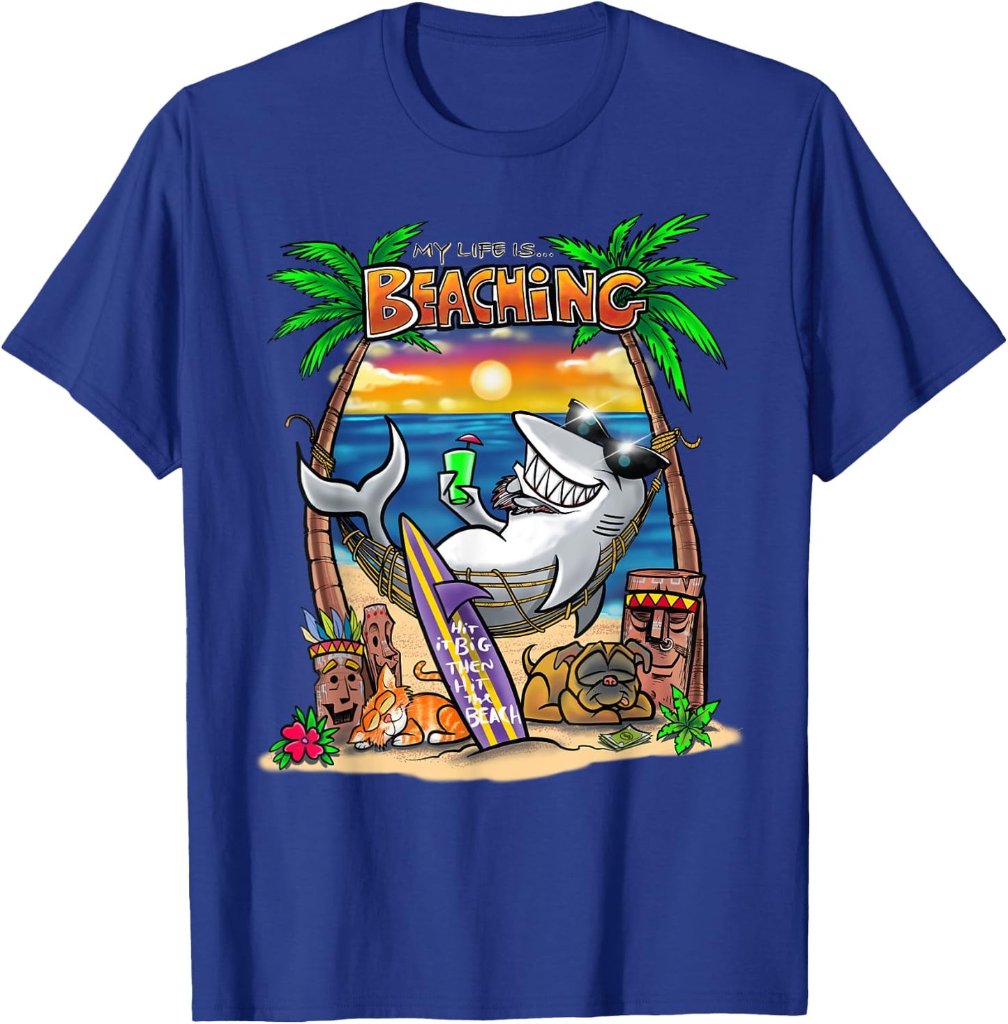 Beach Bum Tiki Shark Surfer T Shirt T-Shirt - T-Shirt | Royal