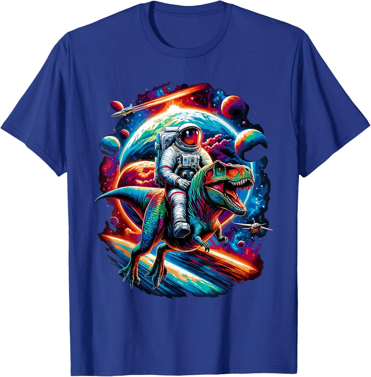 Astronaut Riding T-Rex Dinosaur Space T-Shirt - T-Shirt | Royal