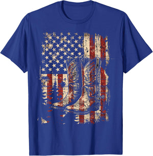 Retro Western Cowboy Boots Cowgirl American Flag 4th of July T-Shirt - T-Shirt | Royal