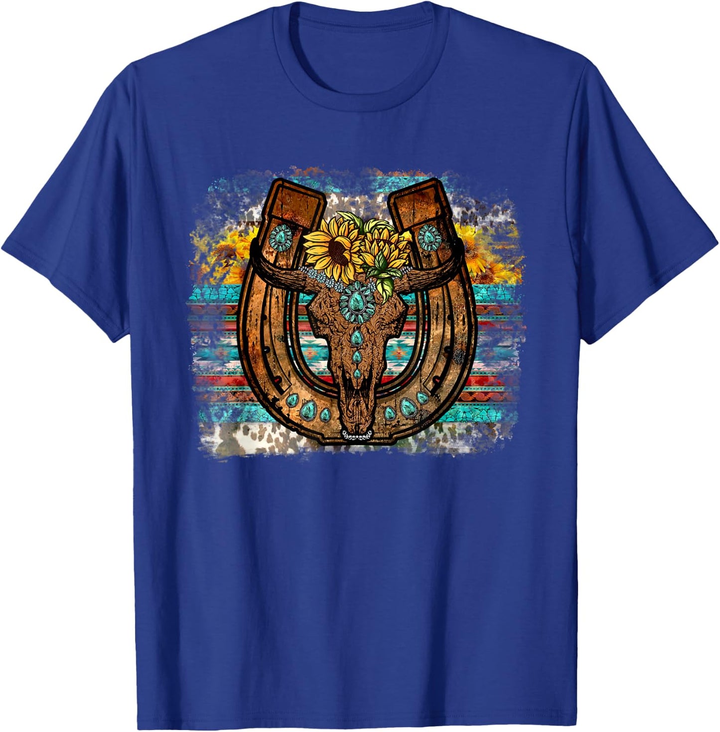 Cute Western Bull Sunflower Horseshoe Country Boho T-Shirt - T-Shirt | Royal