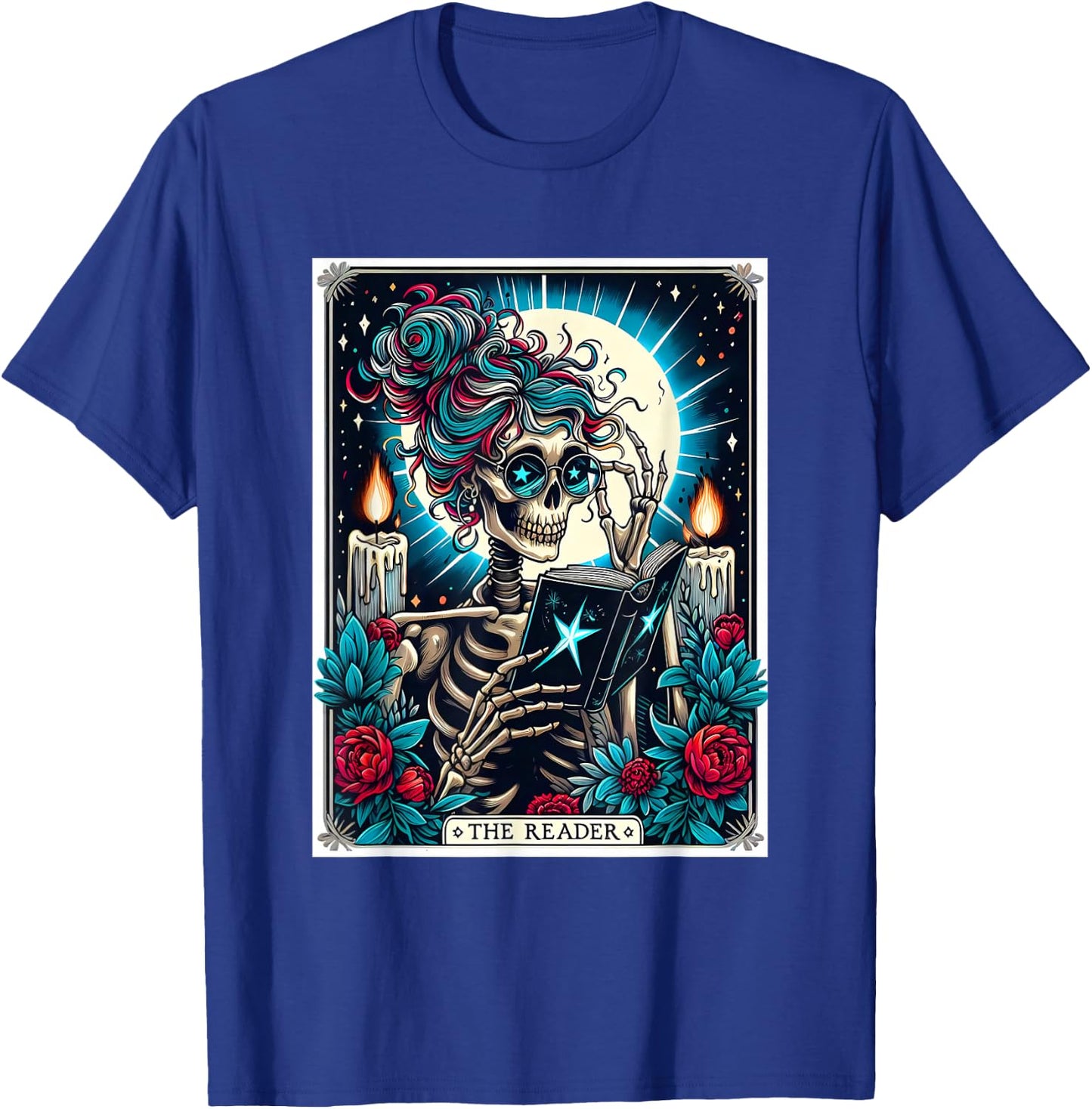 The Reader Tarot Card Funny Book Lover Skeleton Reading Book T-Shirt - T-Shirt | Royal