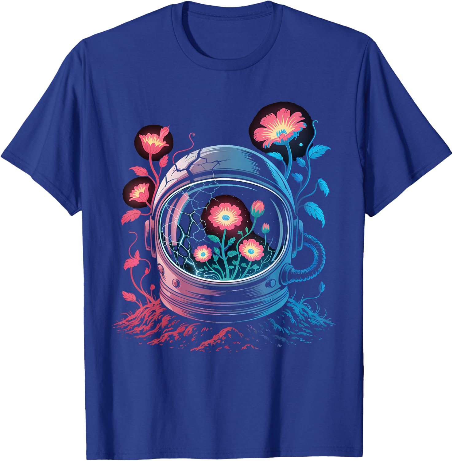 Astronaut Helmet Flowers Space Bloom Art T-Shirt - T-Shirt | Royal