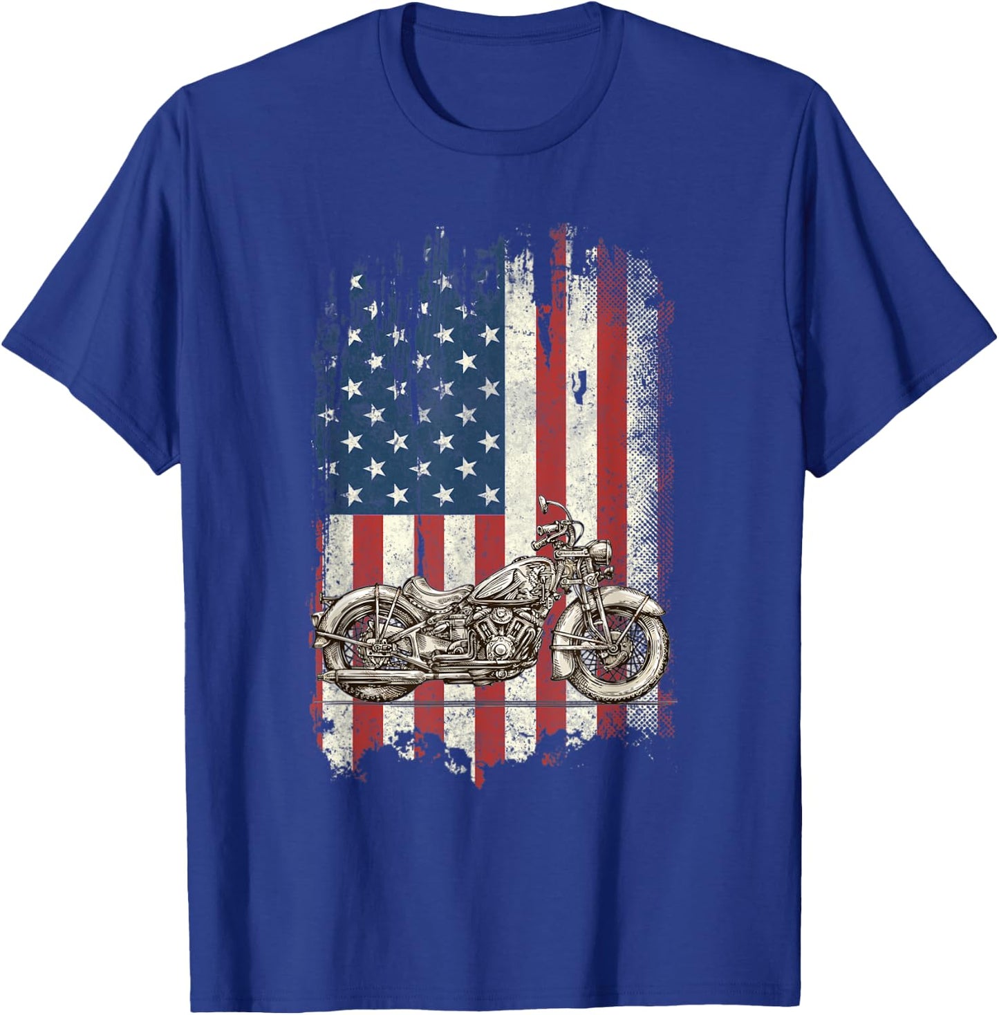 Motorcycle American Flag Distressed Vintage Biker Patriotic Women Kids Men T-Shirt - T-Shirt | Royal