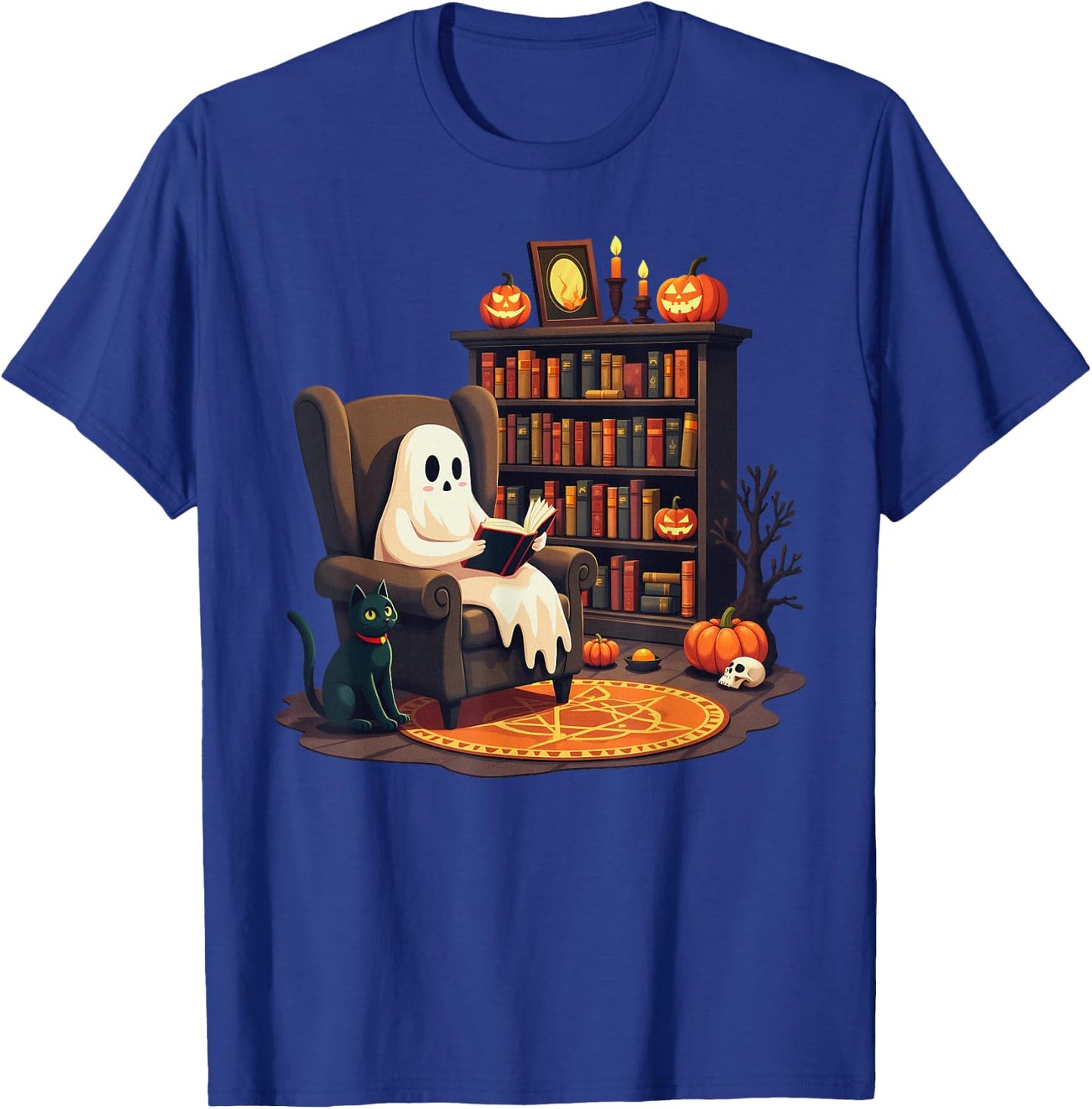 Retro Ghost Reading Books, Librarian Ghost Halloween Teacher T-Shirt - T-Shirt | Royal