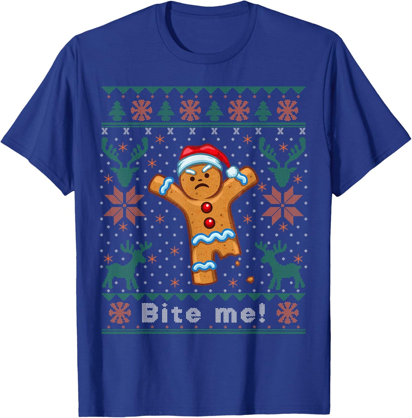 Bite Me Gingerbread Man - Funny Ugly Christmas Sweater T-Shirt - T-Shirt | Royal