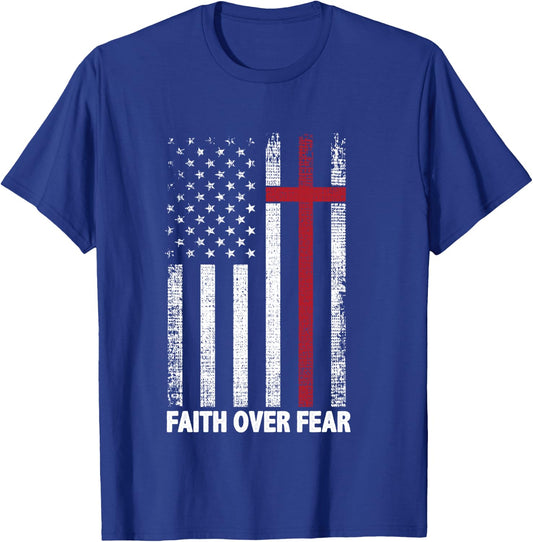 Faith Over Fear Patriotic Christian Cross American Flag T-Shirt - T-Shirt | Royal