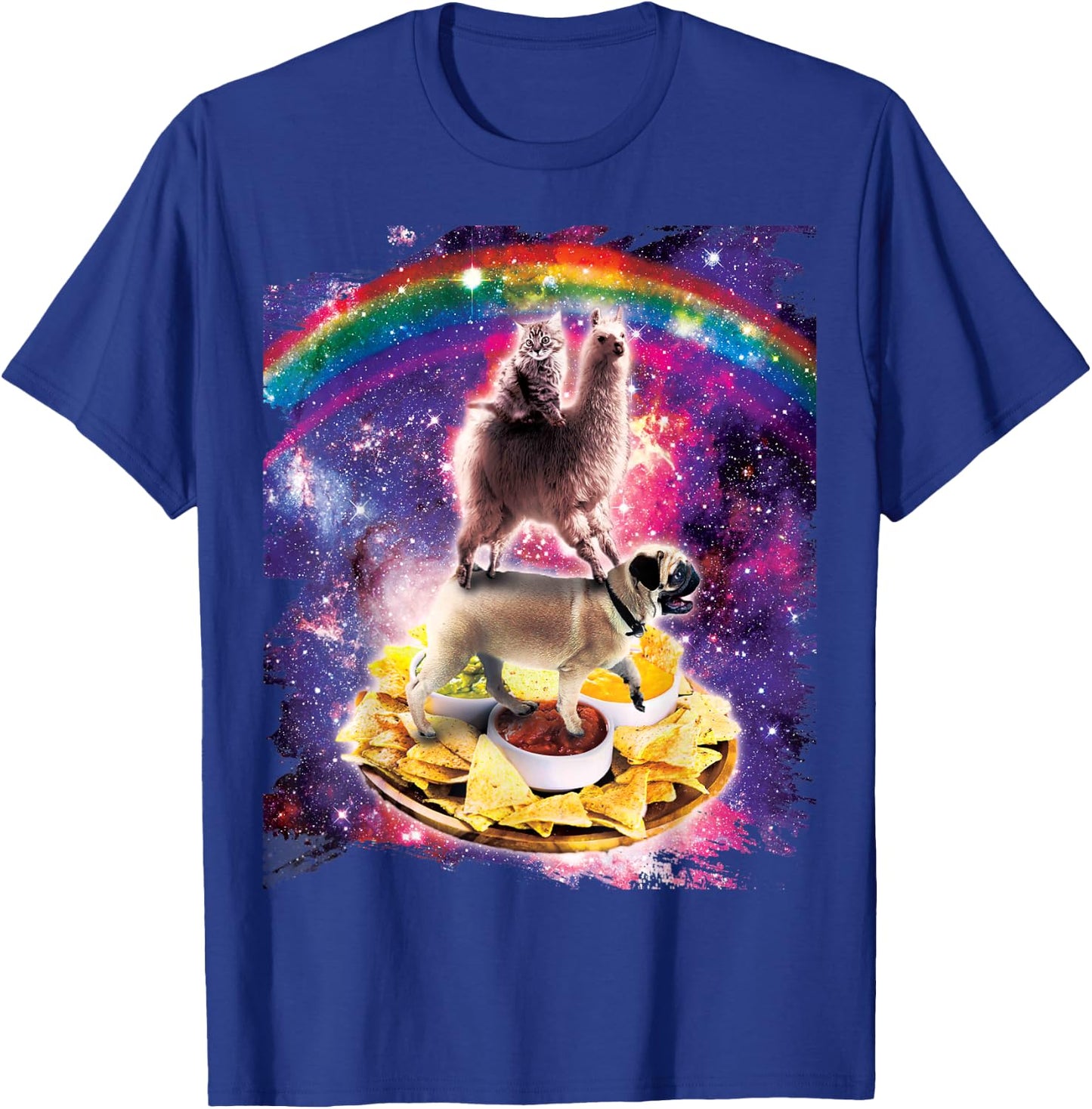 Space Cat Llama Pug Riding Nachos Men Women Kids T-Shirt - T-Shirt | Royal