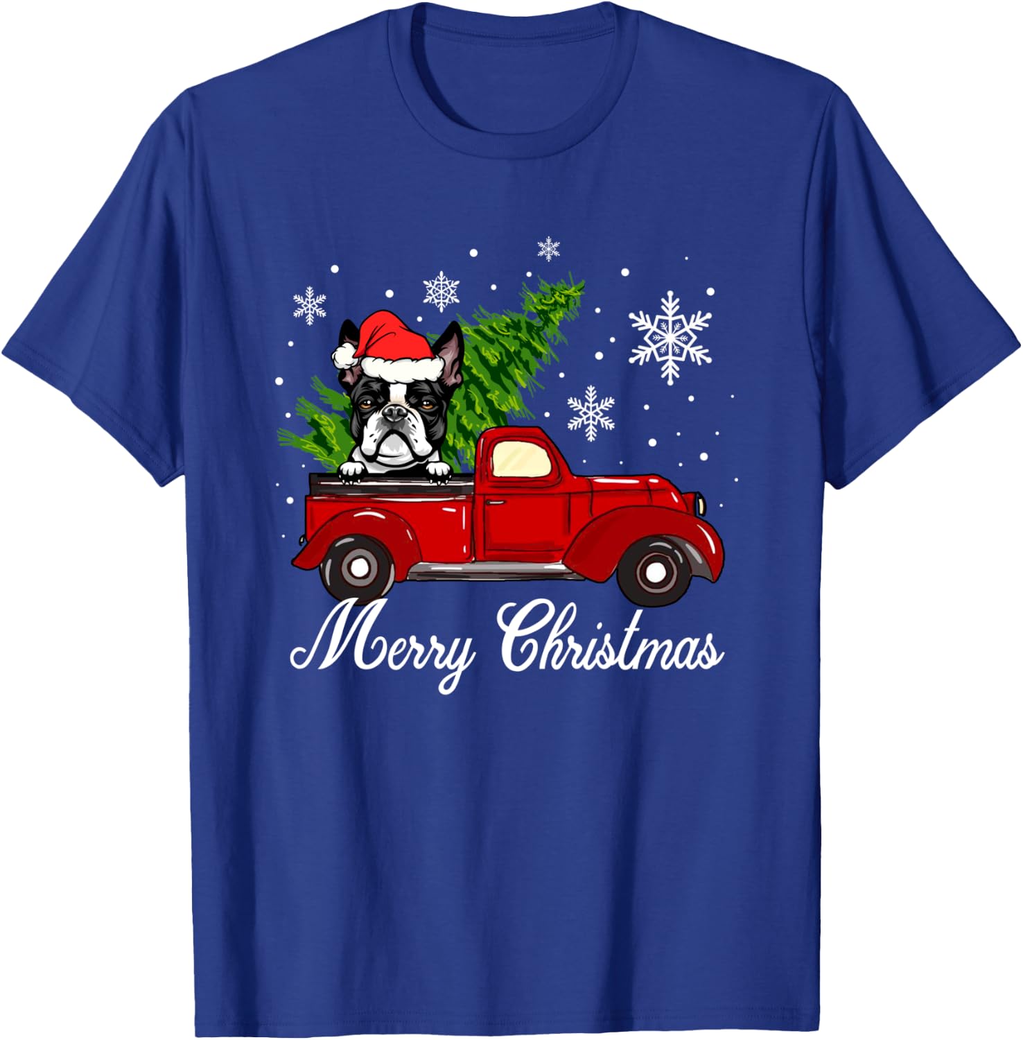 Boston Terrier Dog Riding Red Truck Merry Christmas Pajama T-Shirt - T-Shirt | Royal